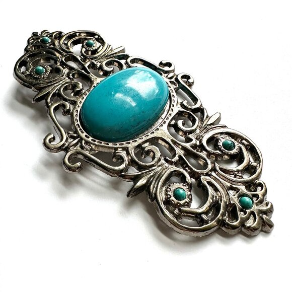 1pc Vintage filigree buckle faux turquoise accents. Gunmetal finish. 5 x 2.75 - Picture 2 of 11